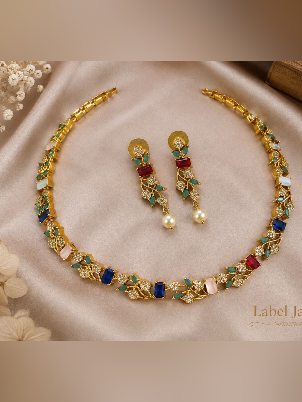Gold Multi-Color Stone Necklace and Earrings Set